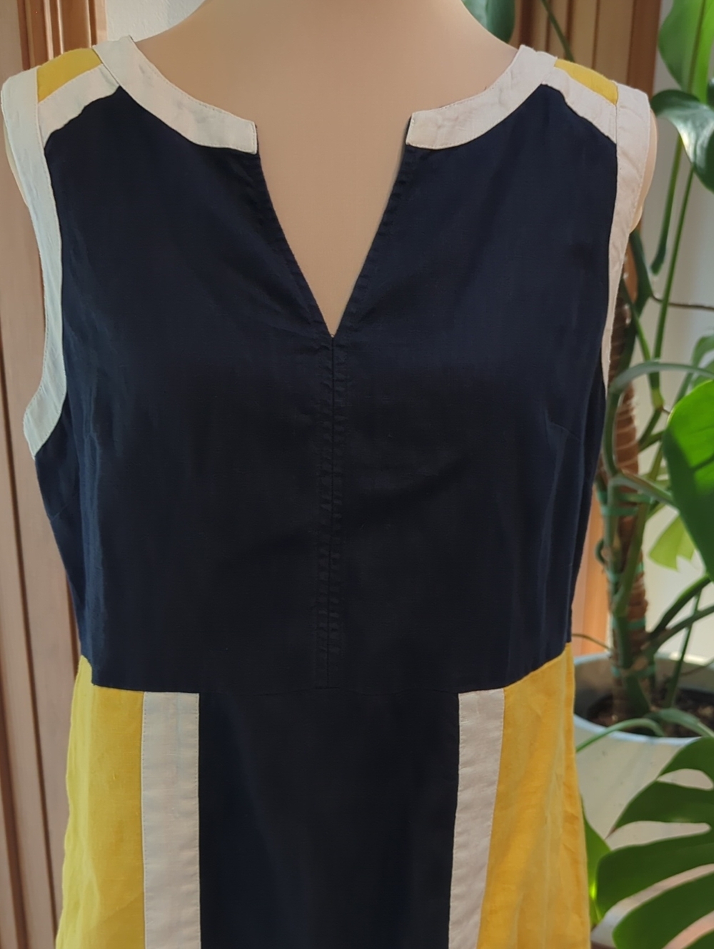 Boden 100% Linen Navy Yellow Colorblock Shift Dress Size 8R with Pockets